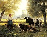 Julien Dupre Wall Art - A Milkmaid with her Cows on a Summer Day